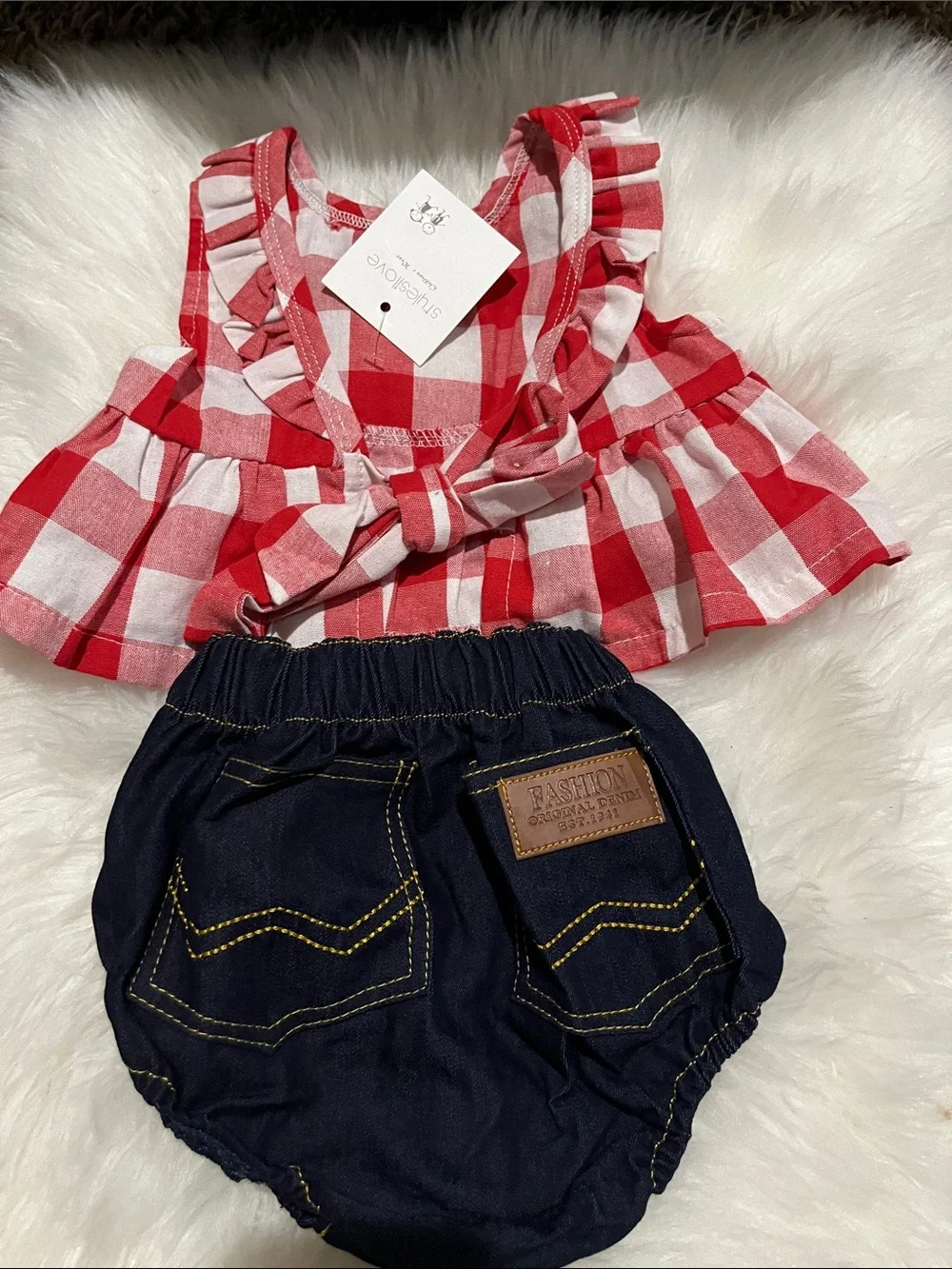 Red Gingham Peplum Top & Navy Baby Bloomers Set